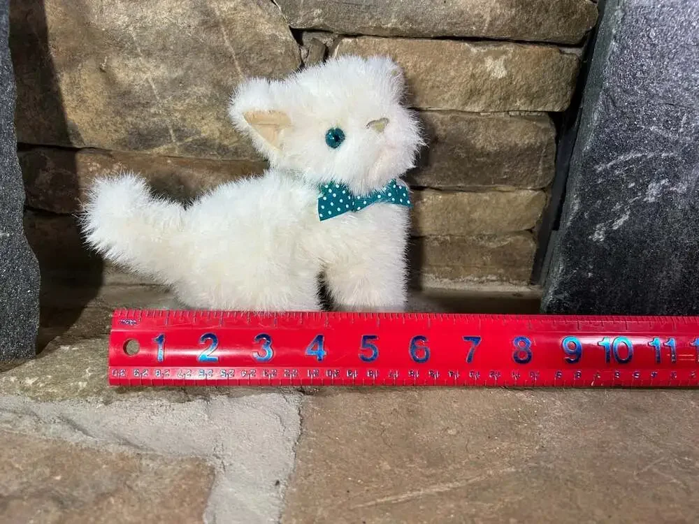 GUND vintage White Kitten Plush Teal polka dot bow Blue Eyes